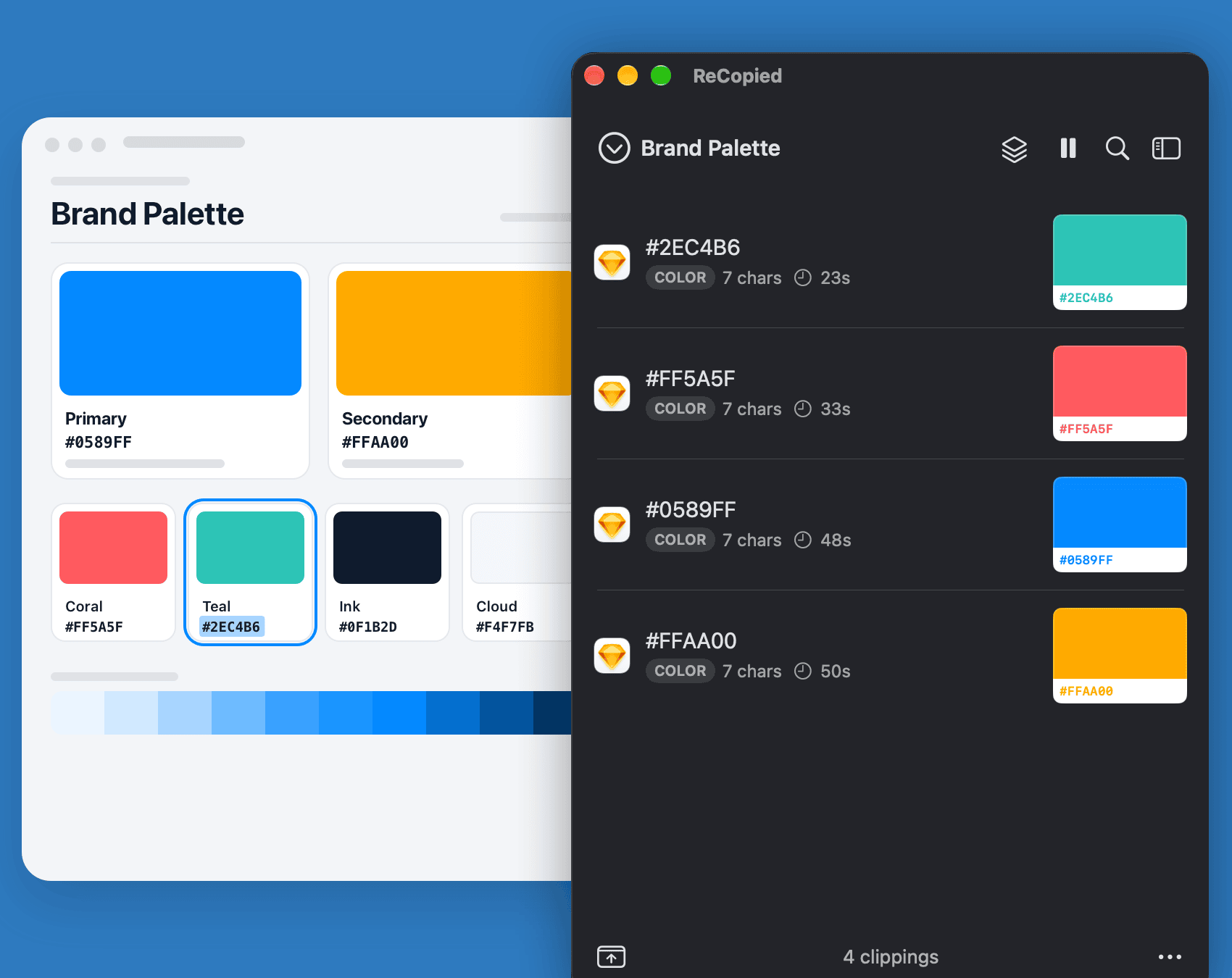 The next color copied from Sketch lands at the top of the Brand Palette list on its own.