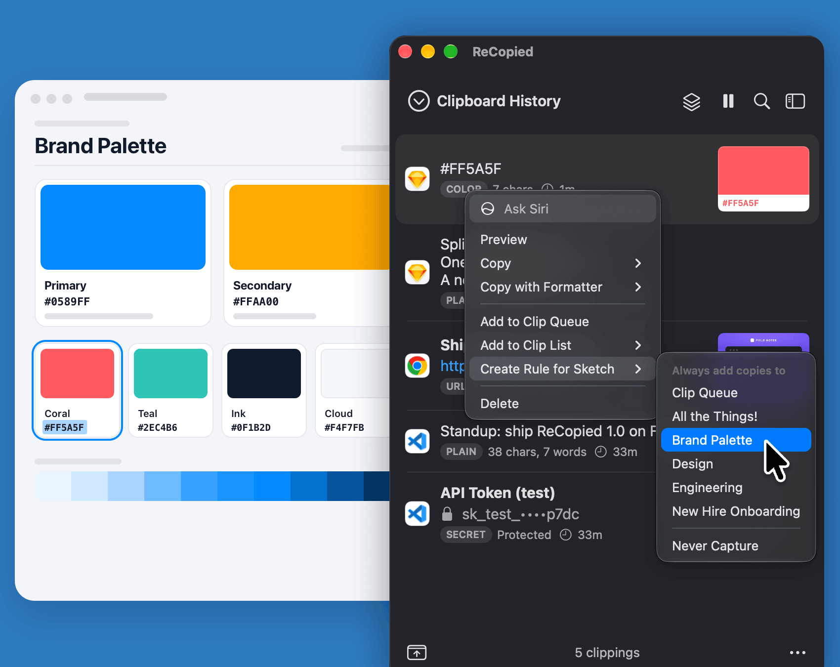 A color copied from a brand palette in Sketch, and ReCopied's right-click Create Rule for Sketch menu set to always add copies to the Brand Palette list.