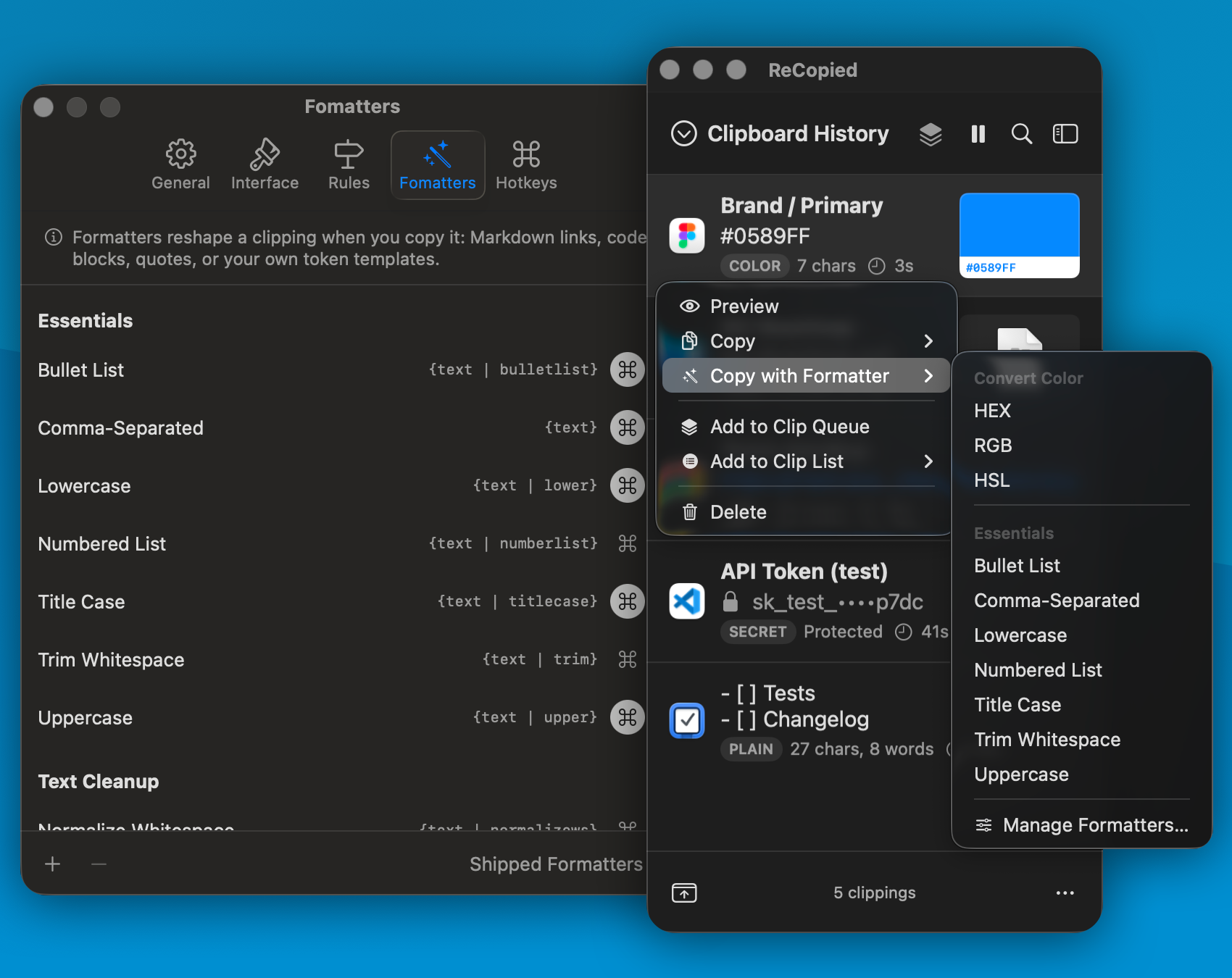ReCopied's right-click Copy with Formatter submenu open on a code clipping, showing options like Code Block and Markdown link.