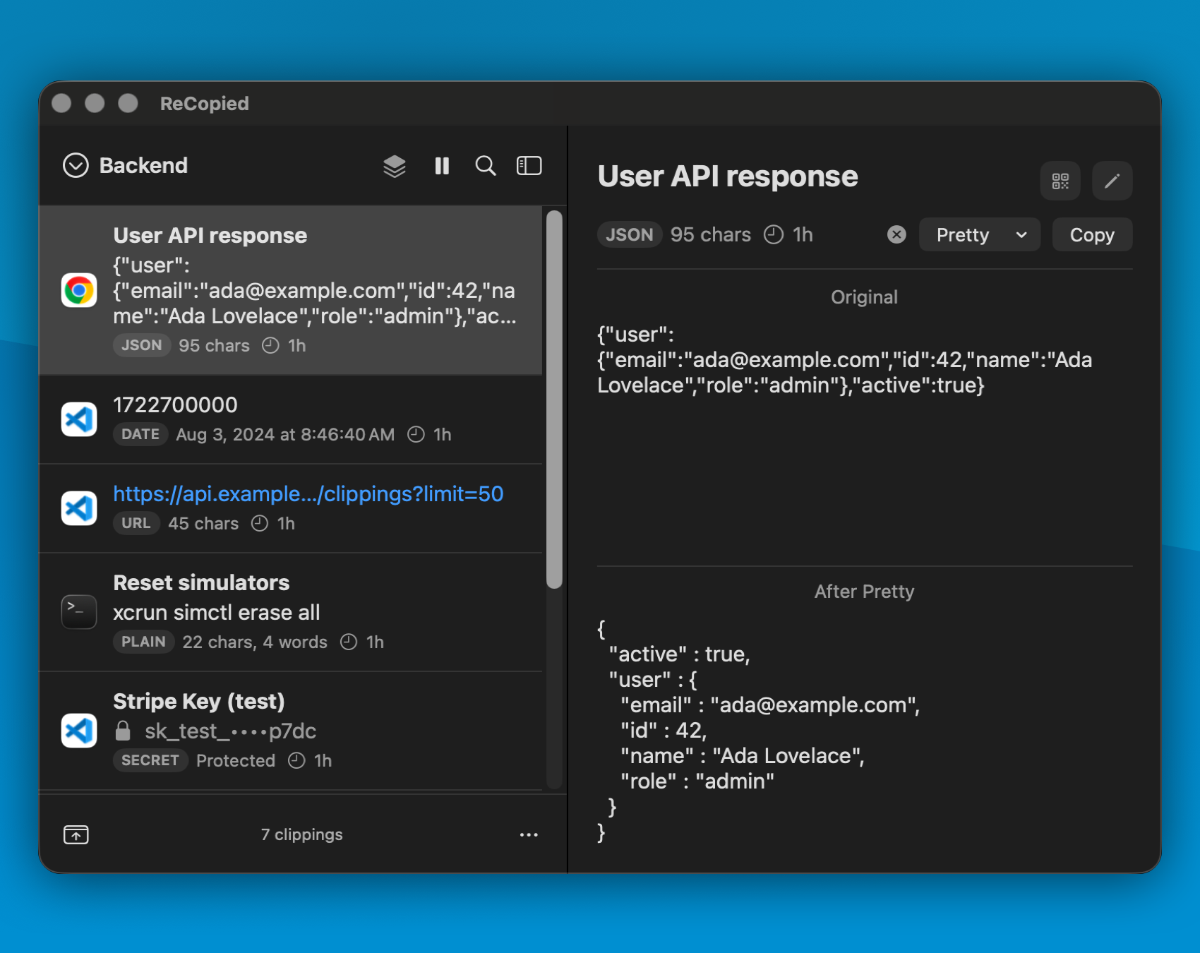ReCopied's detail pane showing a JSON clipping pretty-printed, with Copy Pretty and Copy Minified buttons.