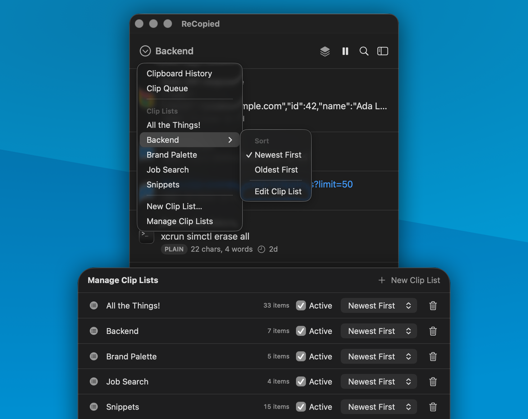 ReCopied's Clip List selector open over a Snippets list, showing Clip Lists sections with reusable developer commands.