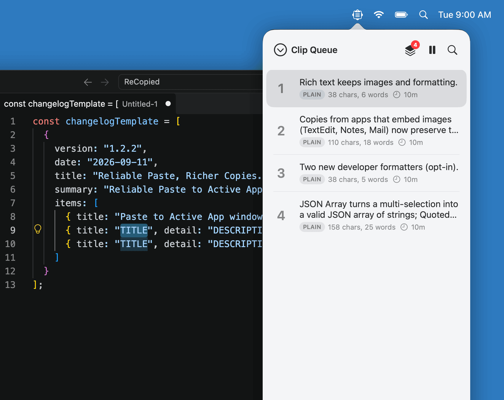 ReCopied's Clip Queue with four numbered clippings beside a code editor, where the queued pieces are being pasted one by one into a JSON template.