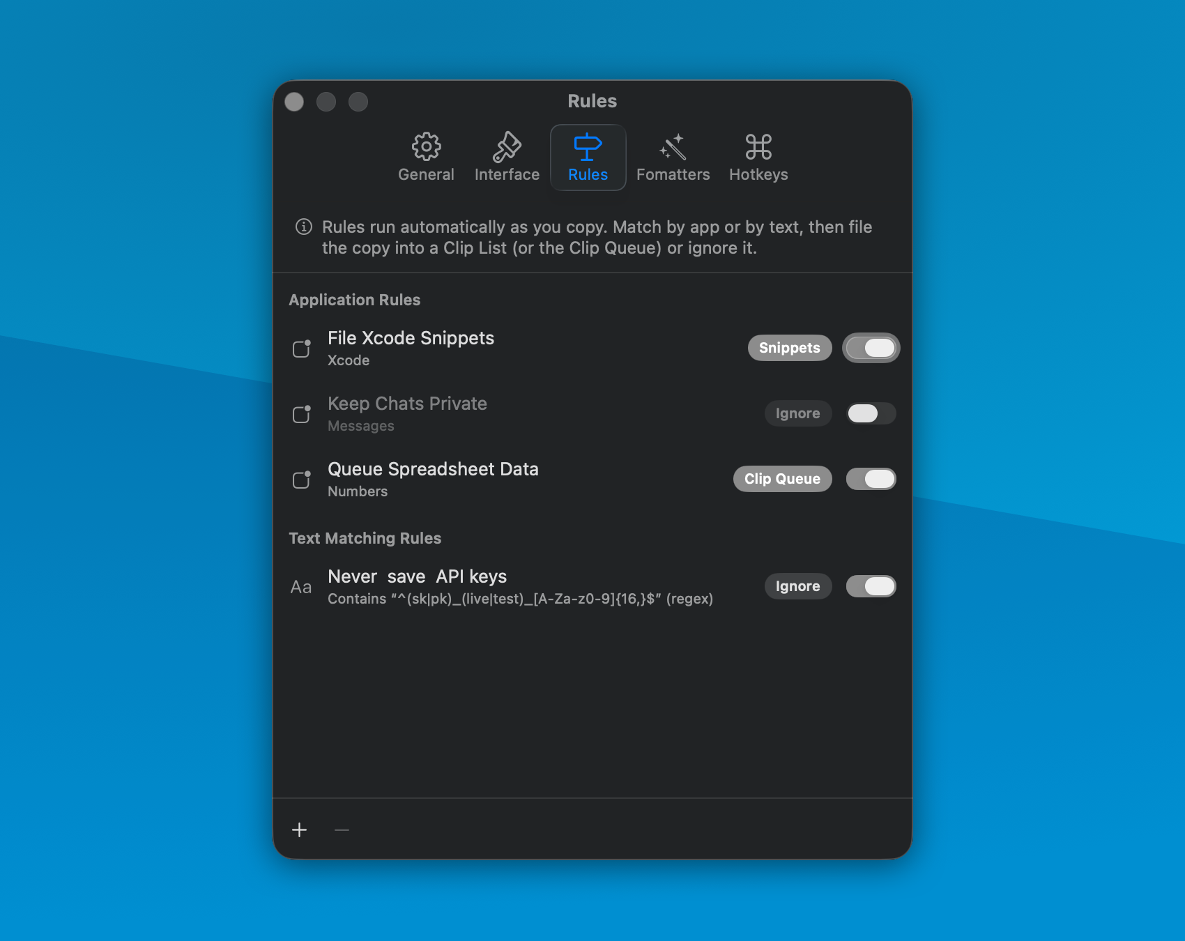ReCopied's Rules pane with three rules: route Xcode copies to a list, ignore an API-key pattern, and ignore Messages.