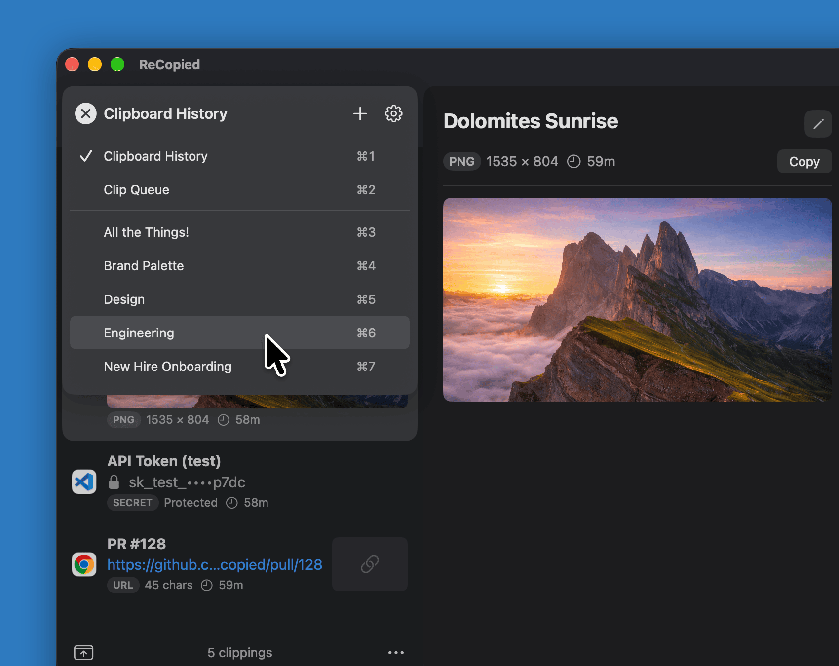 ReCopied's list switcher open over the window, with ⌘1 to ⌘7 shortcuts for Clipboard History, the Clip Queue, and five Clip Lists.