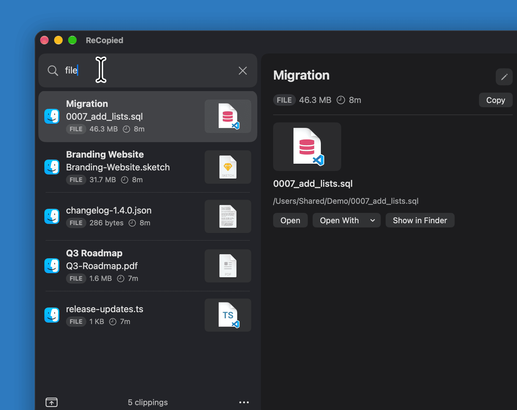 Typing "file" filters to copied files, a PDF and a SQL migration, with the migration's Open With menu listing apps that can open it.
