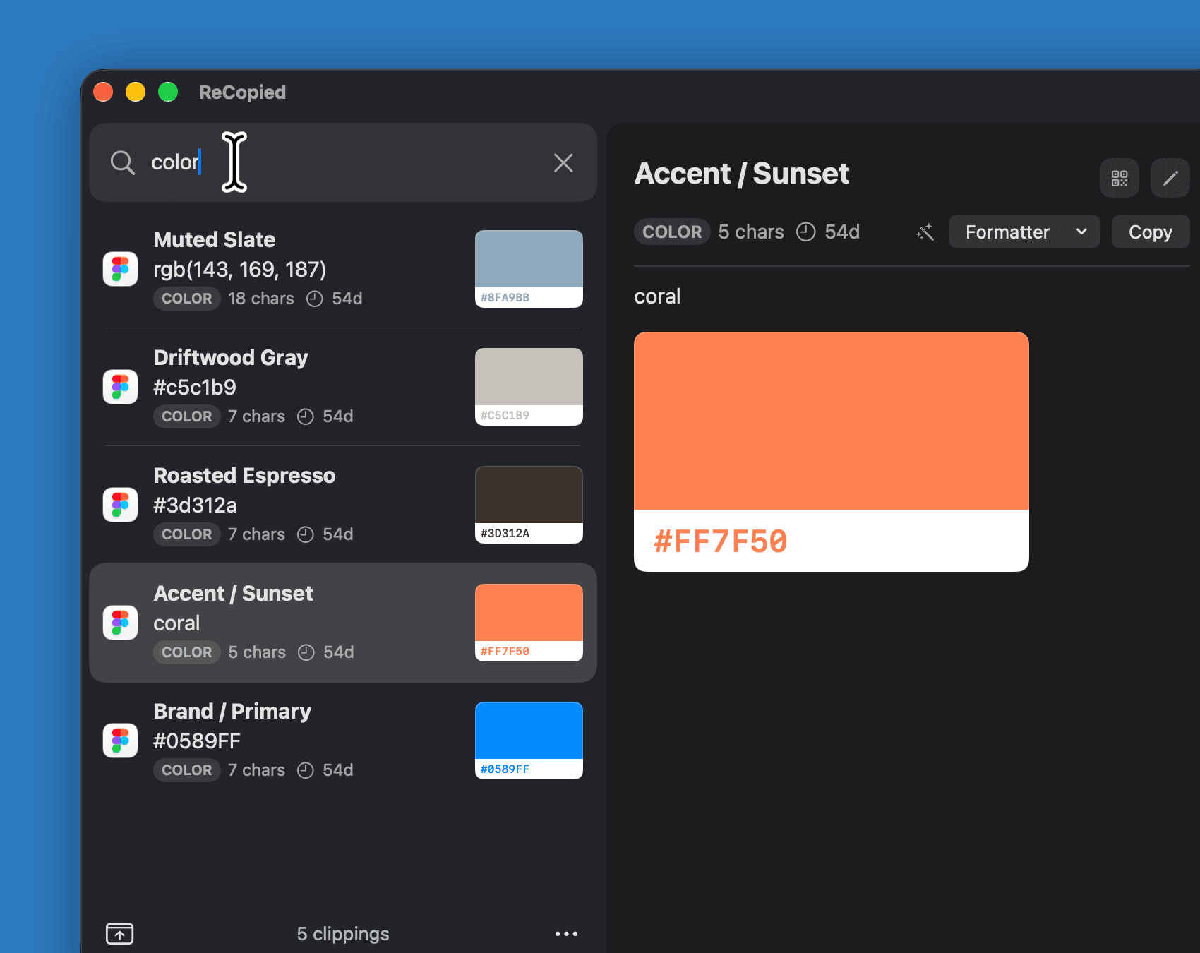 Typing "color" filters the window to color clippings, each with its swatch, with one shown in the detail pane.