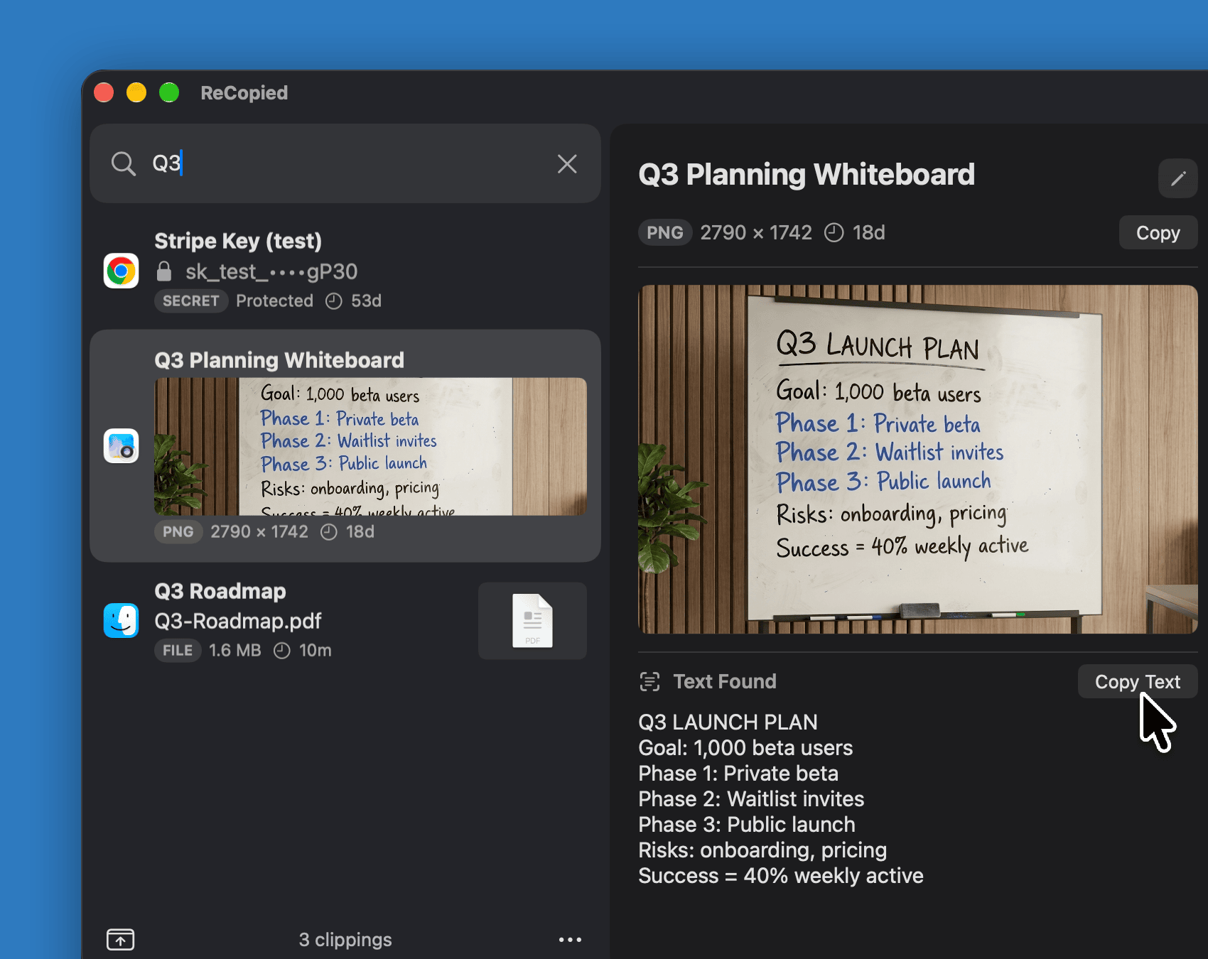Searching "q3" finds a Q3 roadmap PDF and a planning whiteboard photo. The photo is selected, with its handwriting read out under Text Found and a Copy Text button.