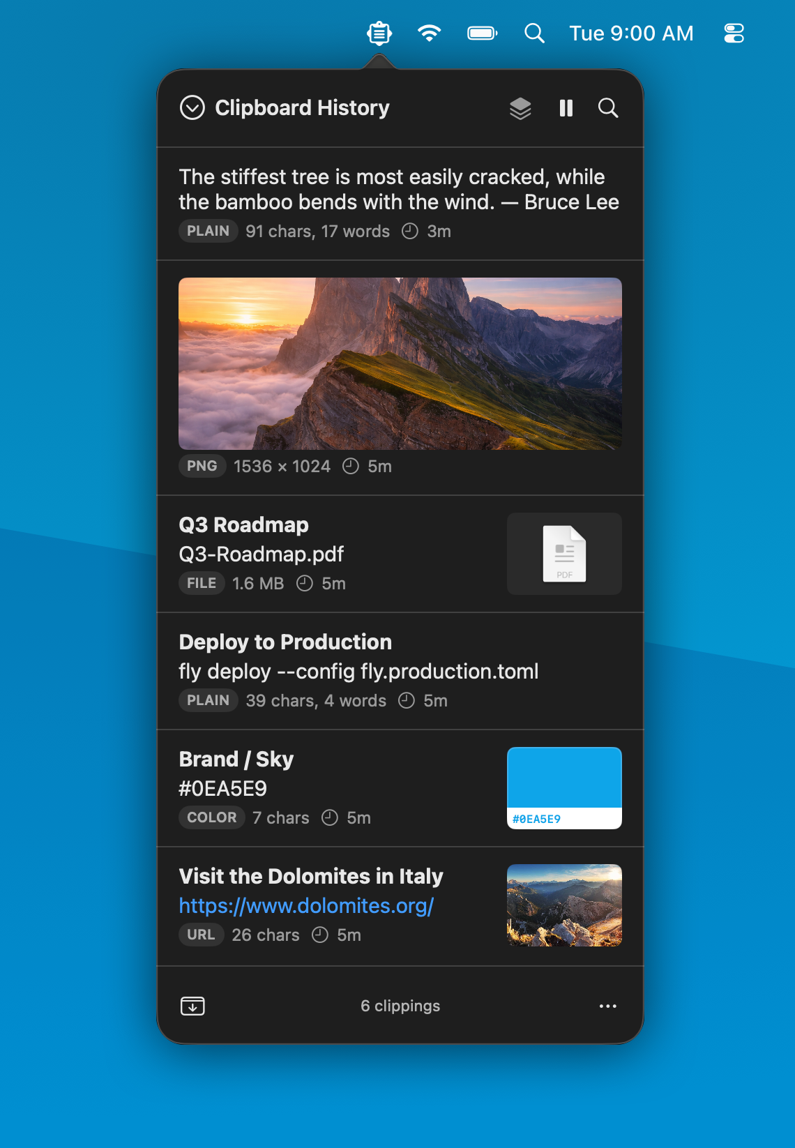 ReCopied's window in light mode with a custom list in the sidebar and the detail pane open on a selected clipping.