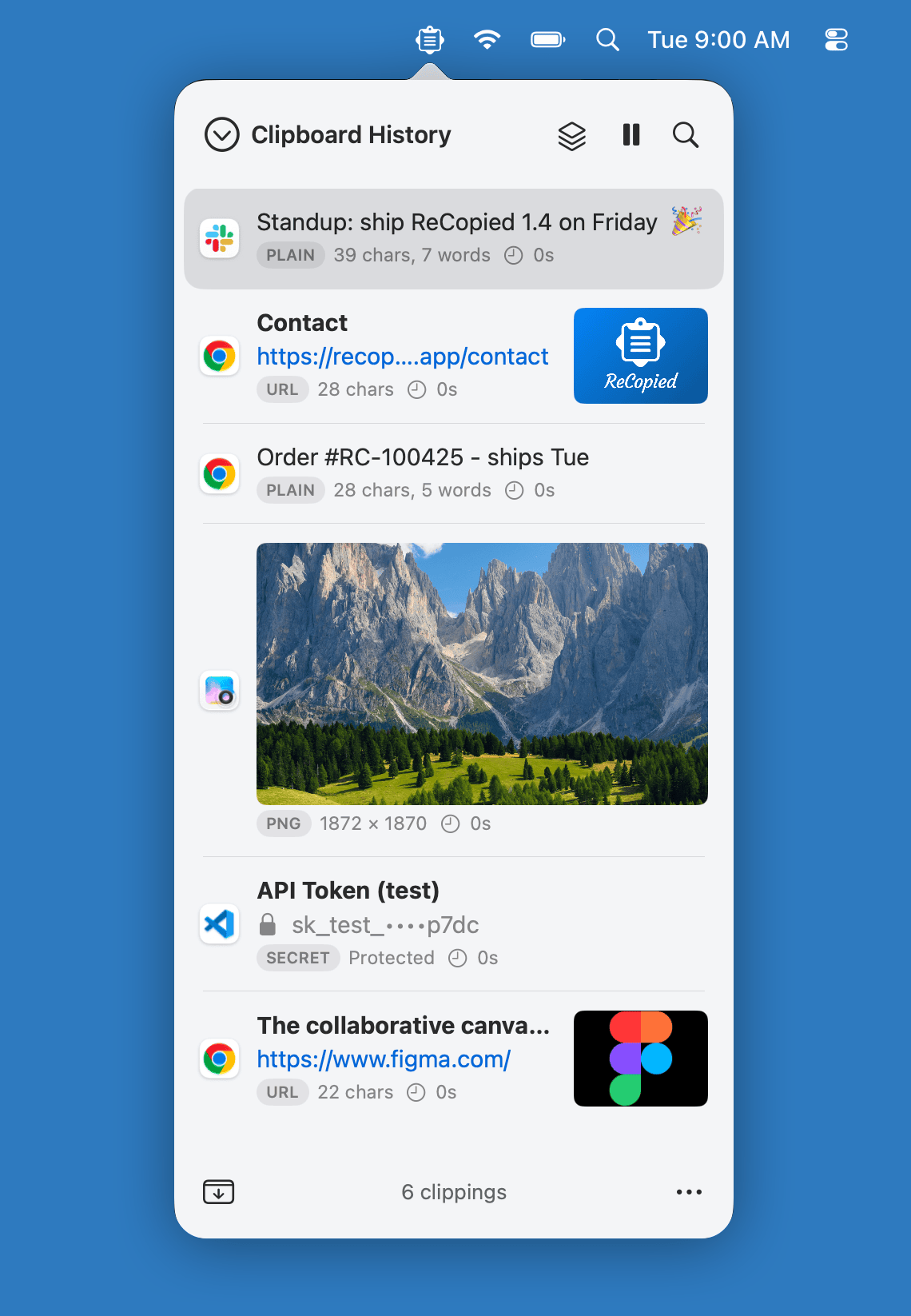 ReCopied's menu-bar popover in light mode, showing a mixed clipboard history: a message, a link, an order note, a photo, a masked API token, and a link preview.