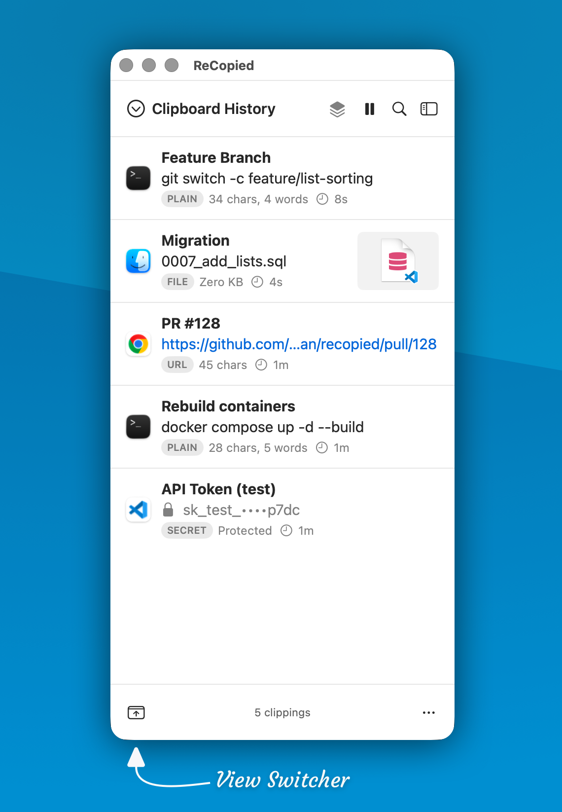ReCopied's menu-bar popover in dark mode showing a mixed clipboard history: a quote, a photo, a link card, a color swatch, and a command.