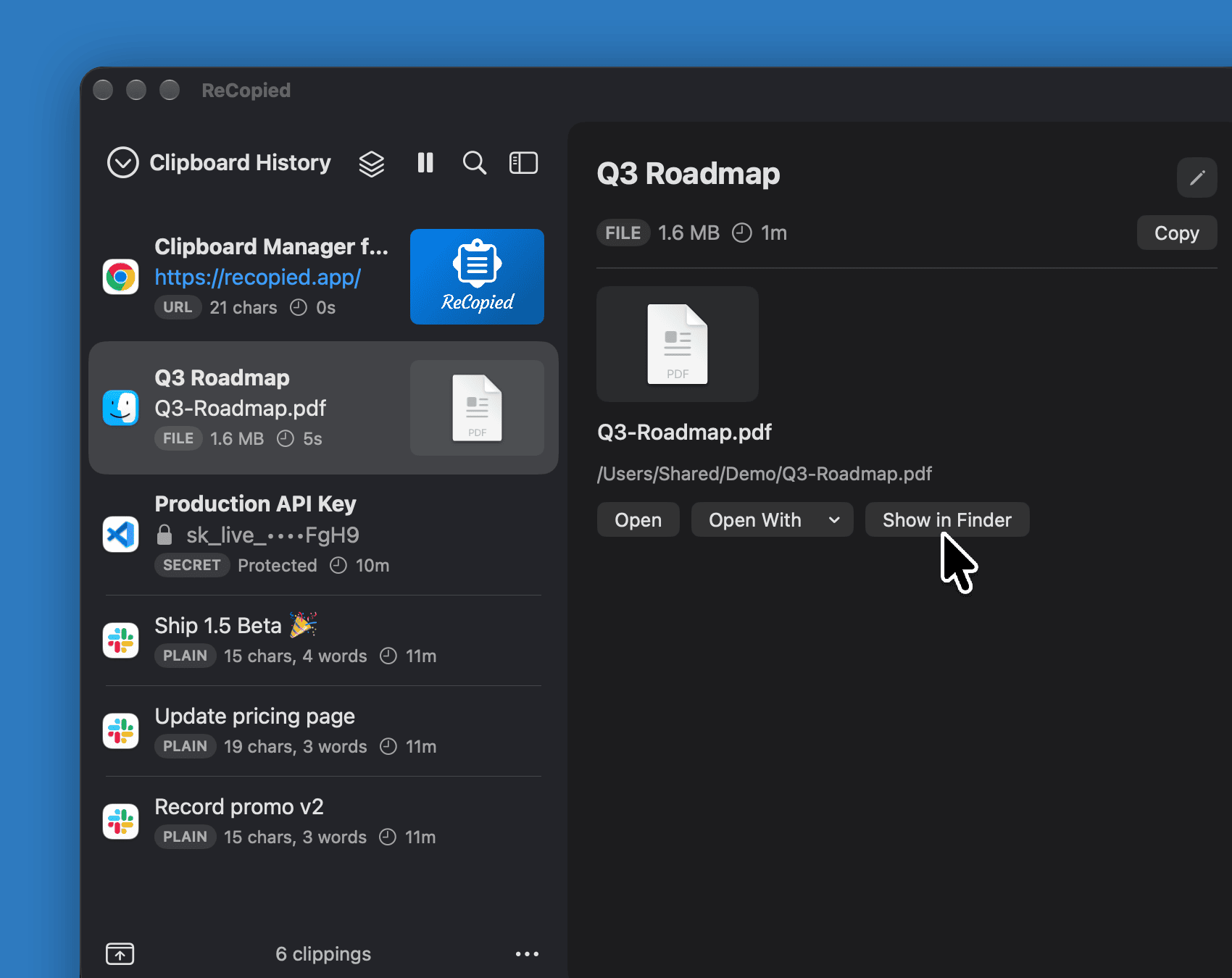 A PDF clipping's detail pane with its file path and Open, Open With, and Show in Finder buttons.