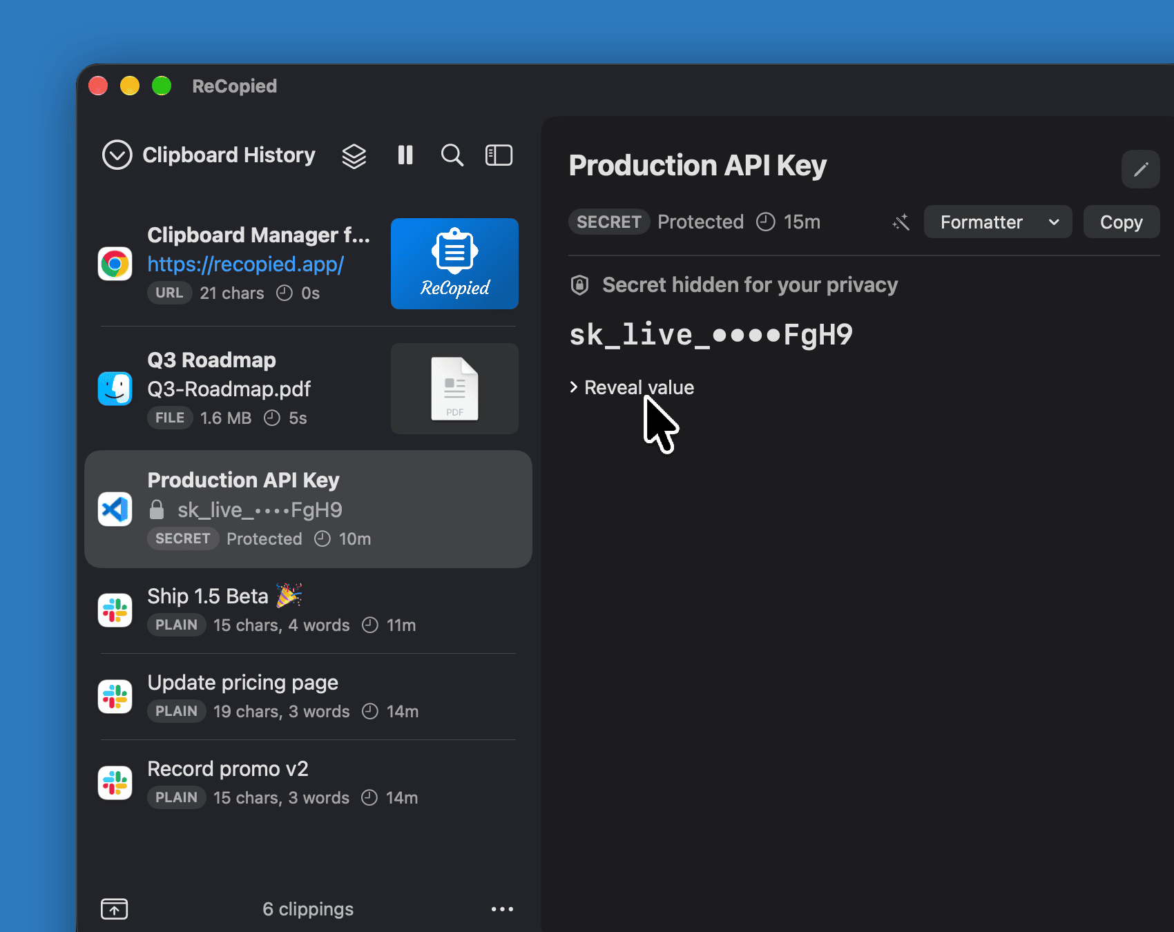 A production API key masked in the list and in the detail pane, with a Reveal value control.