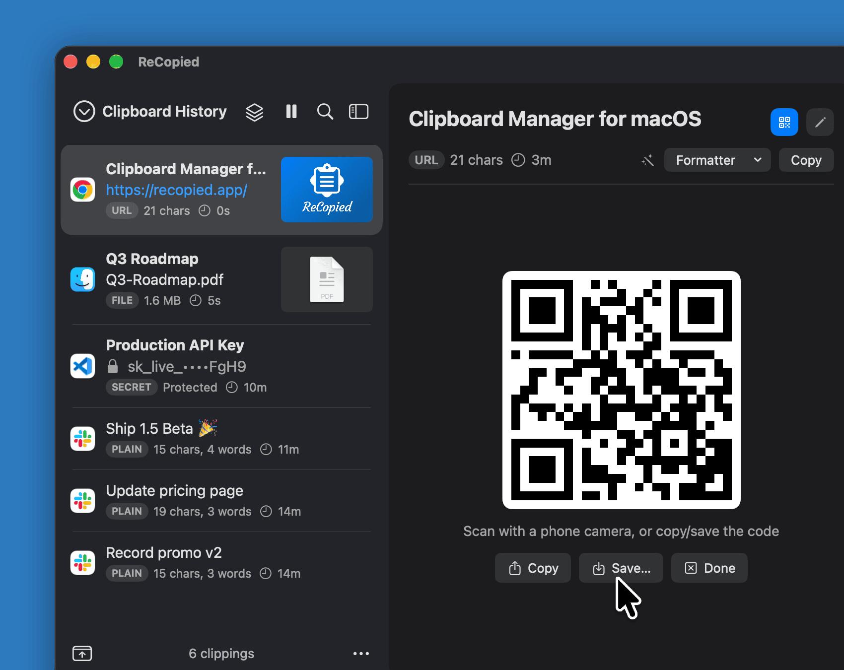 A link clipping's detail pane showing a scannable QR code for recopied.app, with Copy, Save, and Done buttons.