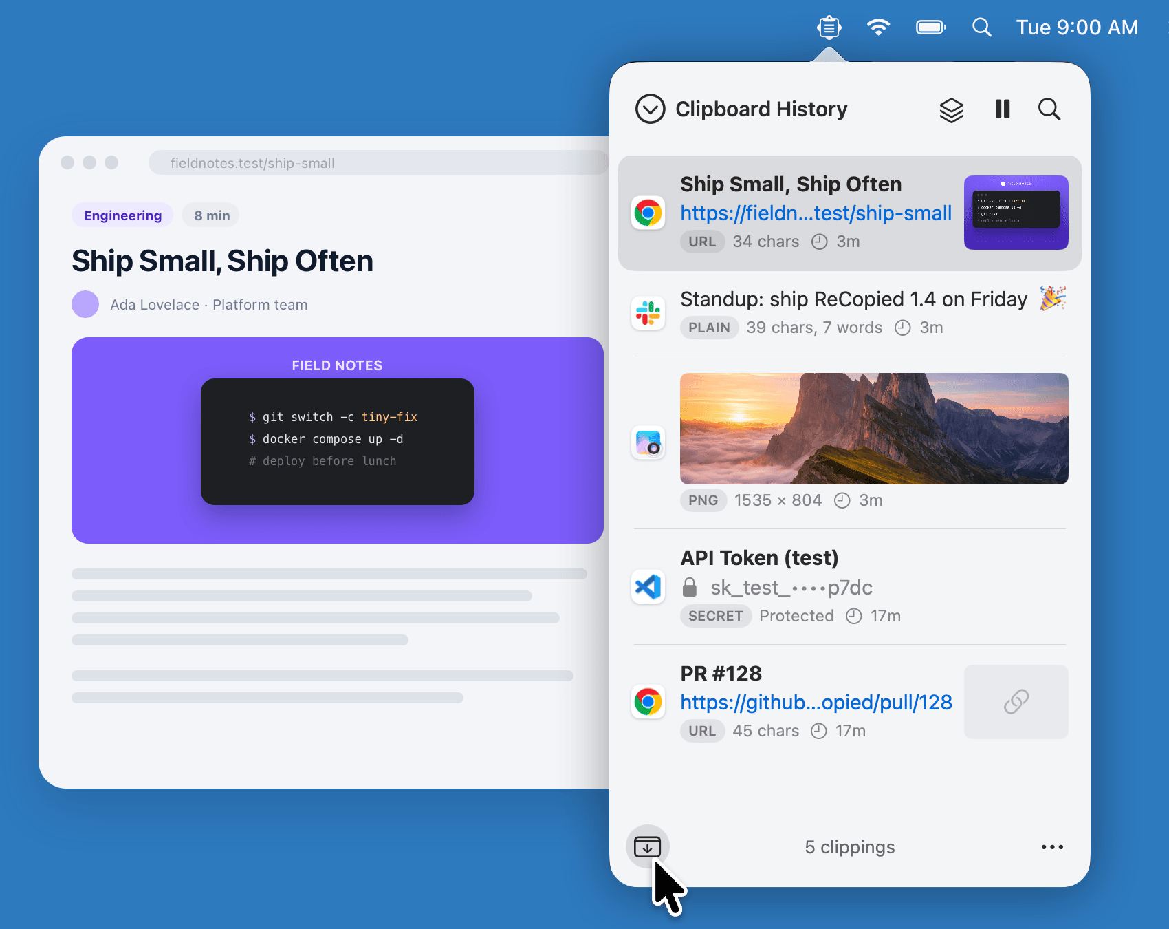 ReCopied's menu-bar popover in light mode over a blog post, showing the post's link with its preview image, a standup note, a photo, a masked API token, and a pull request link.