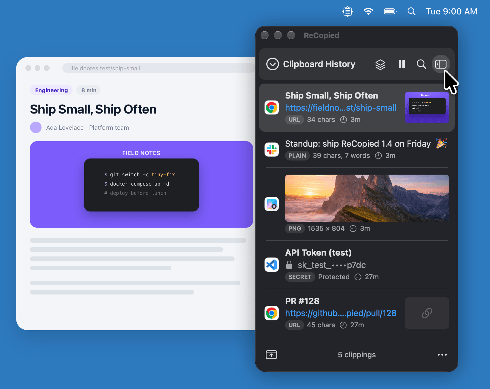 The same clippings in ReCopied's window, in dark mode, in the same spot as the popover.
