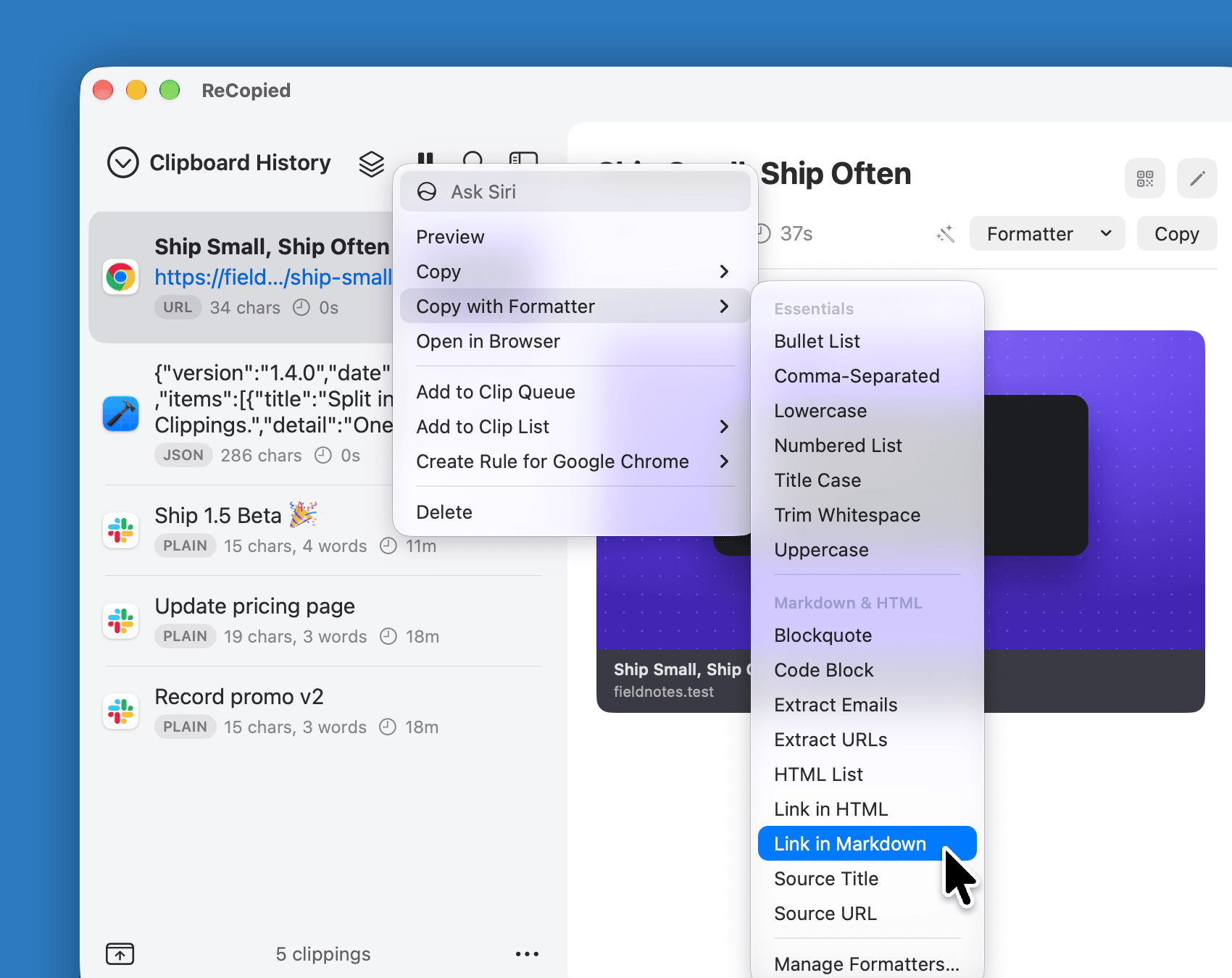 A link clipping's right-click menu open to Copy with Formatter, choosing Link in Markdown from the Markdown and HTML formatters.