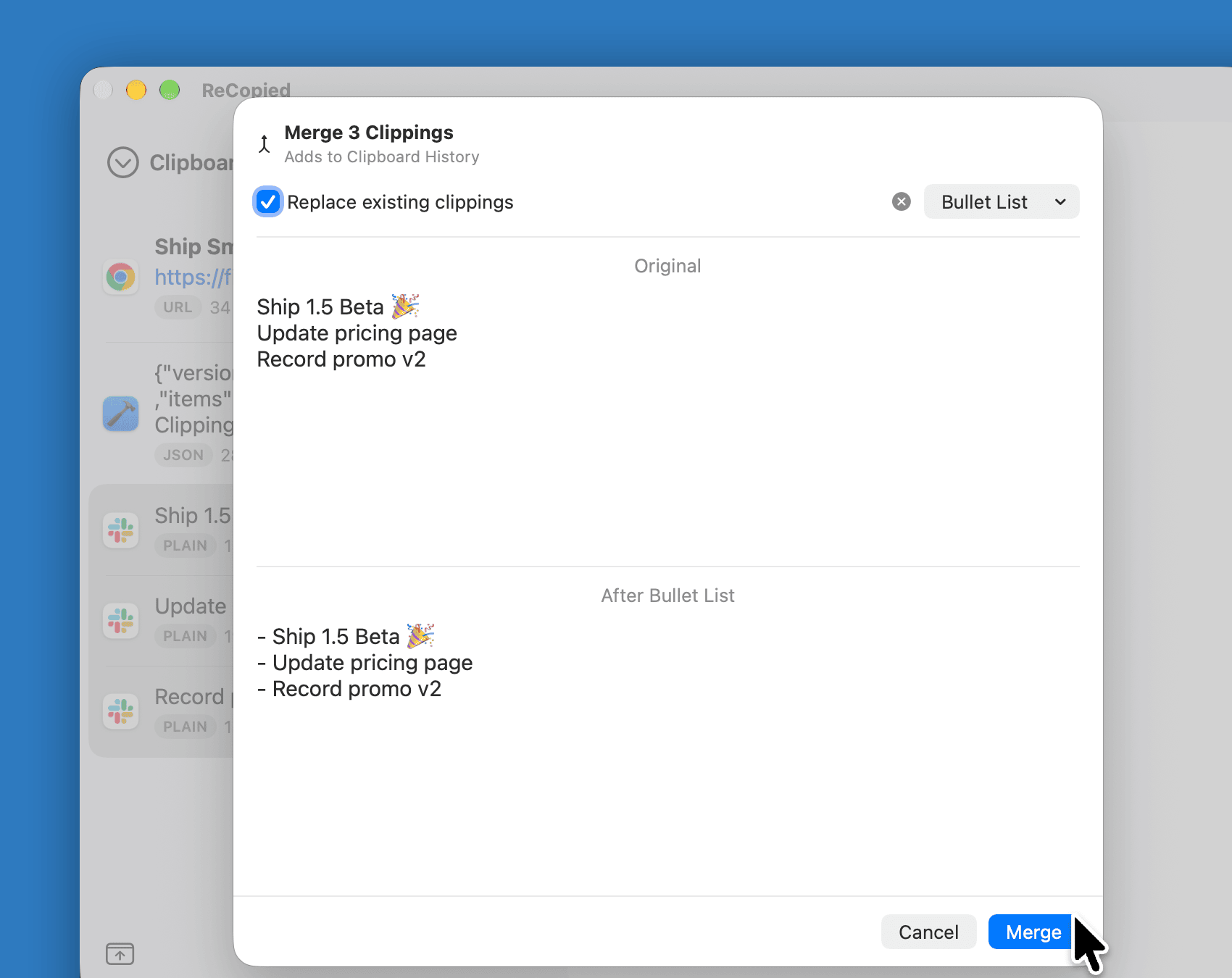 Merging three task clippings into one bulleted list, with the original and the result previewed.